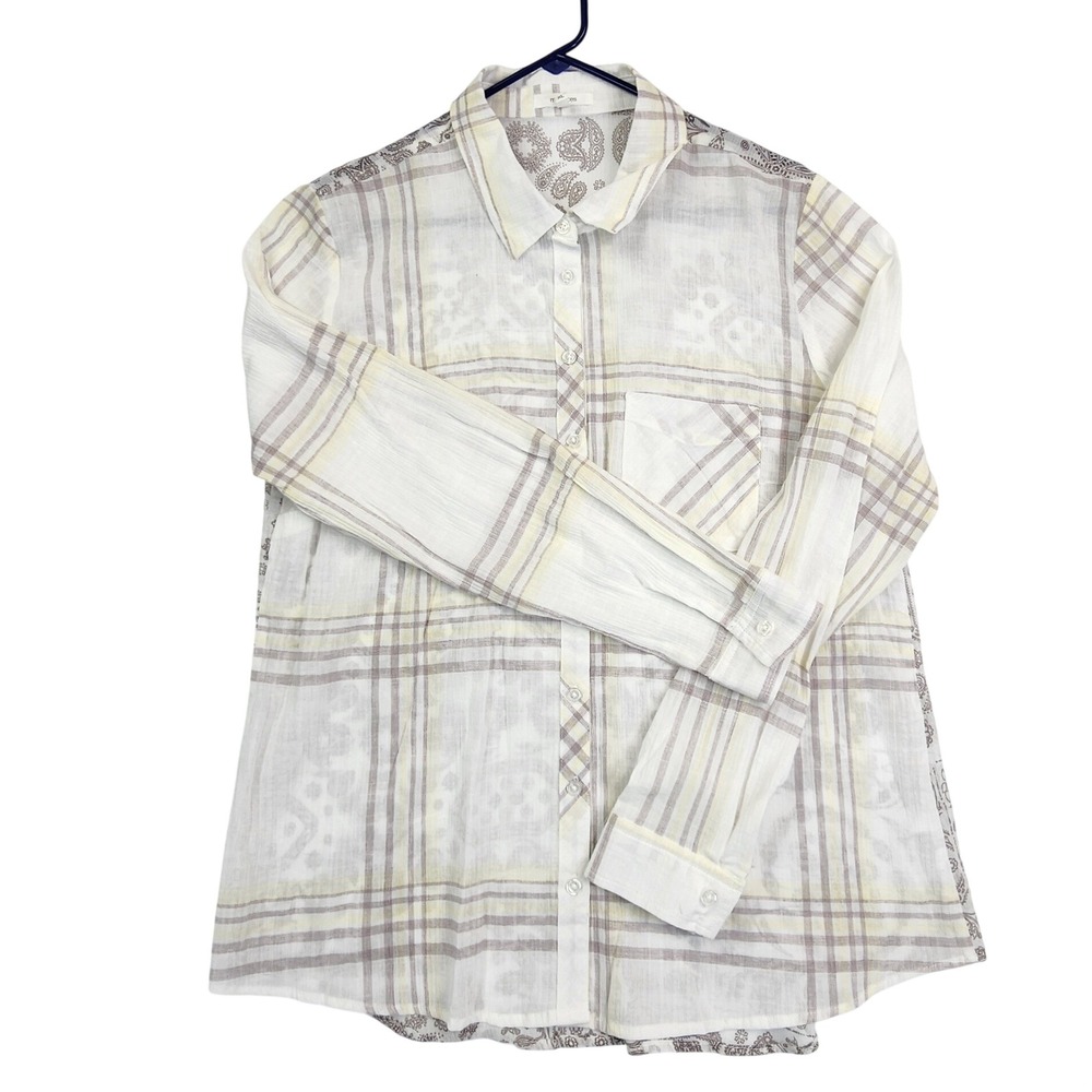 Maurices White Plaid Paisley Mixed Media Button Up Shirt XL‎ Boho Western Casual